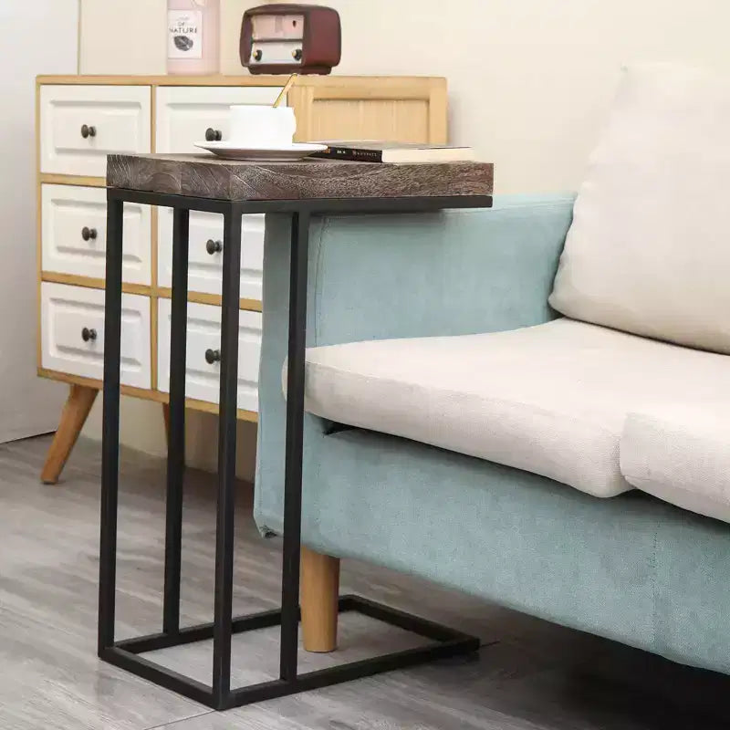 Casual C Shaped End Table Metal Frame Rustic Brown -  Products: Slide Under Sofa, Snack & Lamp Stand