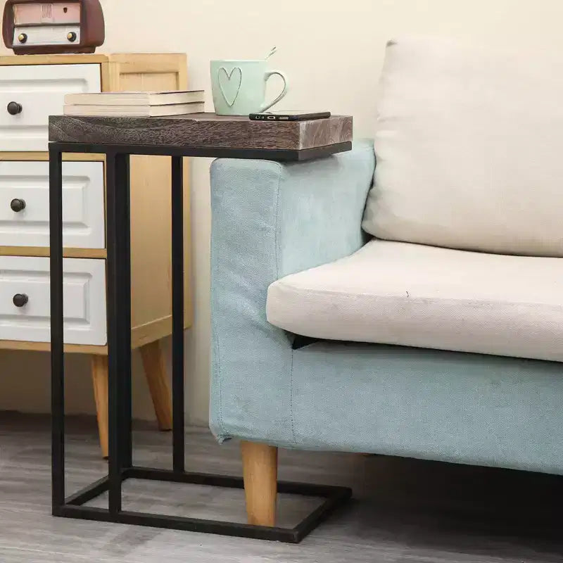 Casual C Shaped End Table Metal Frame Rustic Brown -  Products: Slide Under Sofa, Snack & Lamp Stand