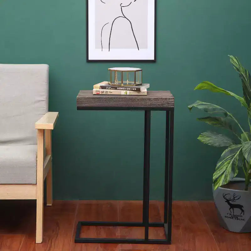 Casual C Shaped End Table Metal Frame Rustic Brown -  Products: Slide Under Sofa, Snack & Lamp Stand