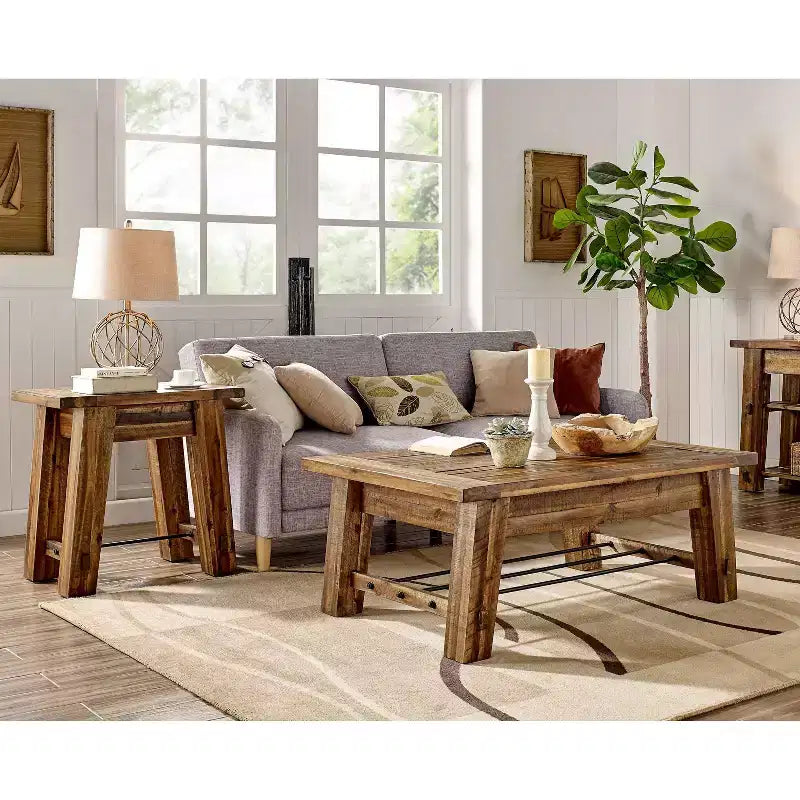 48" Industrial Coffee Table and 2 End Tables Dark Brown Solid Acacia