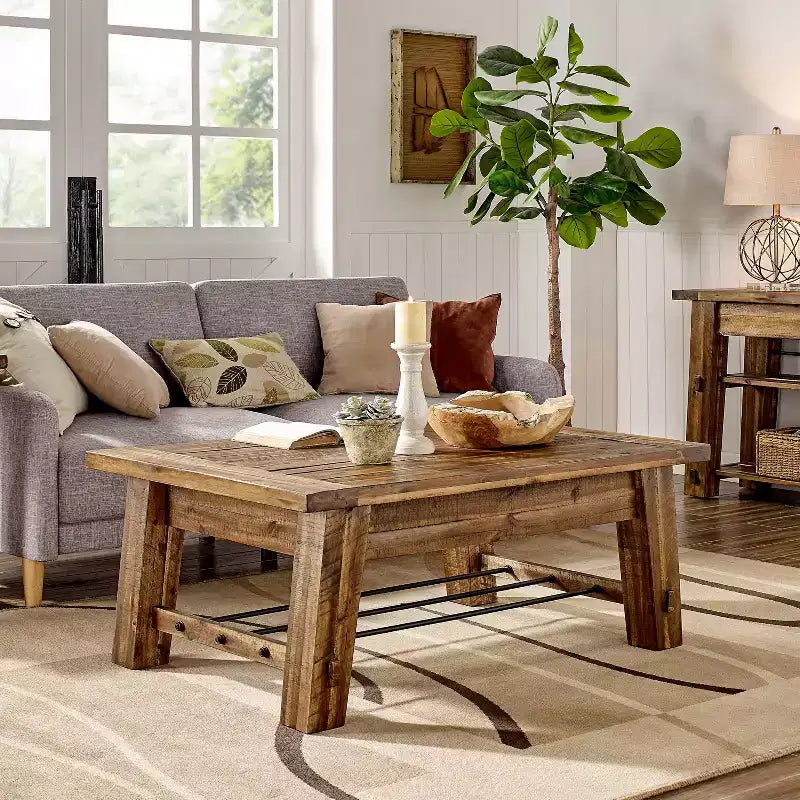 48" Industrial Coffee Table and 2 End Tables Dark Brown Solid Acacia