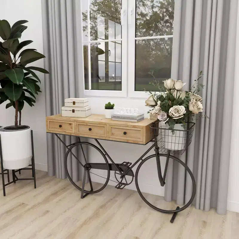 Farmhouse Metal Console Table Red Iron Frame MDF Top No Assembly Required