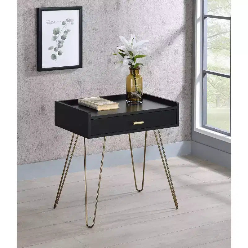 23.5" Mid-Century Accent Table Black Copper Chrome Hairpin Legs Storage Drawer