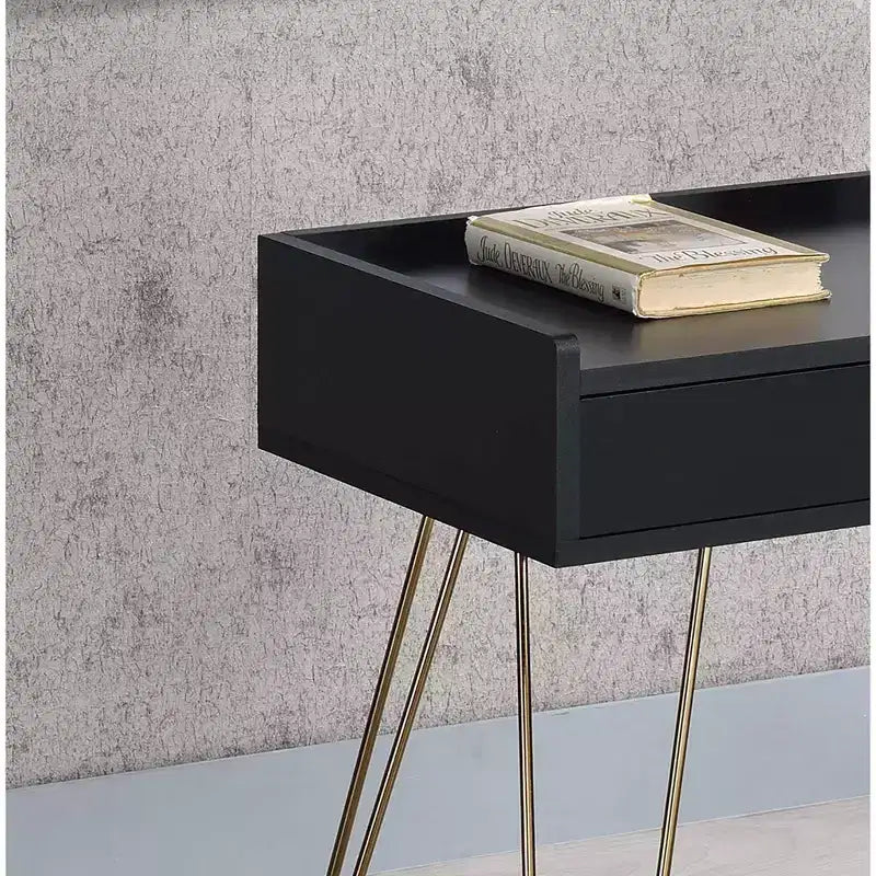 23.5" Mid-Century Accent Table Black Copper Chrome Hairpin Legs Storage Drawer