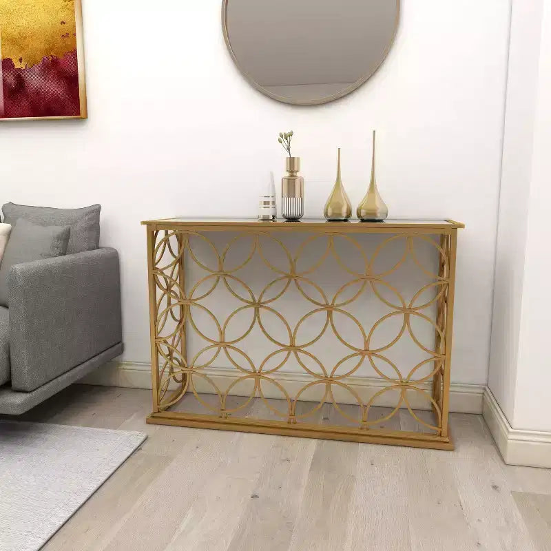 Rectangular Traditional Metal Console Table Gold Mirrored Top