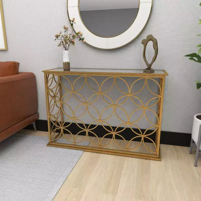 Rectangular Traditional Metal Console Table Gold Mirrored Top