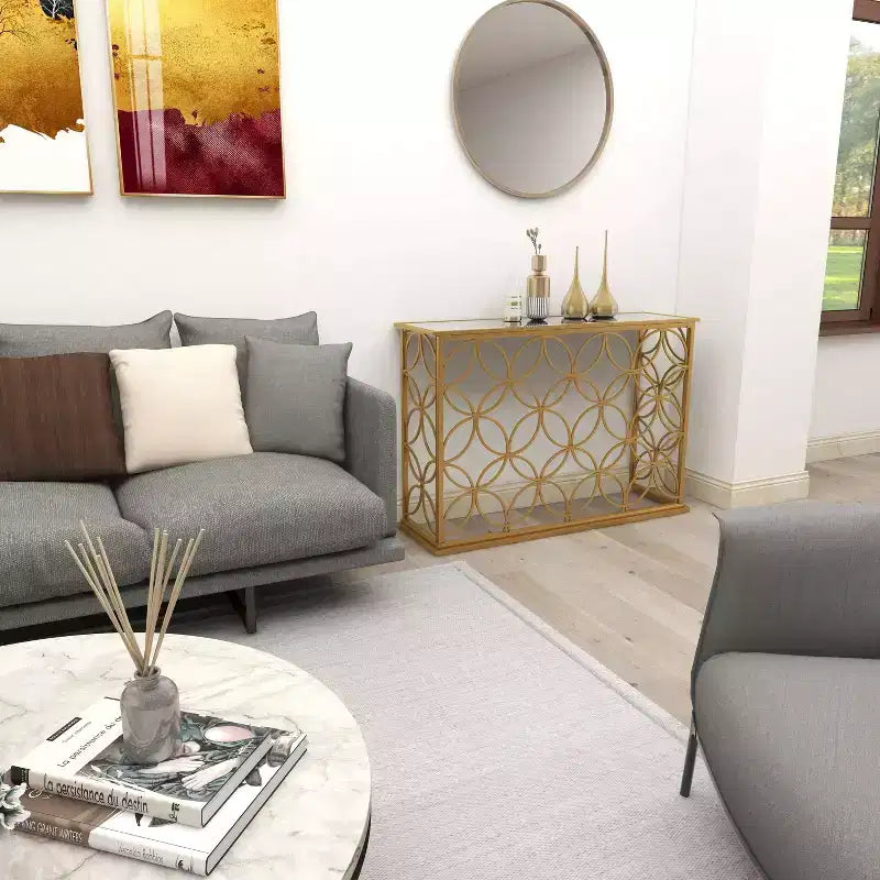 Rectangular Traditional Metal Console Table Gold Mirrored Top