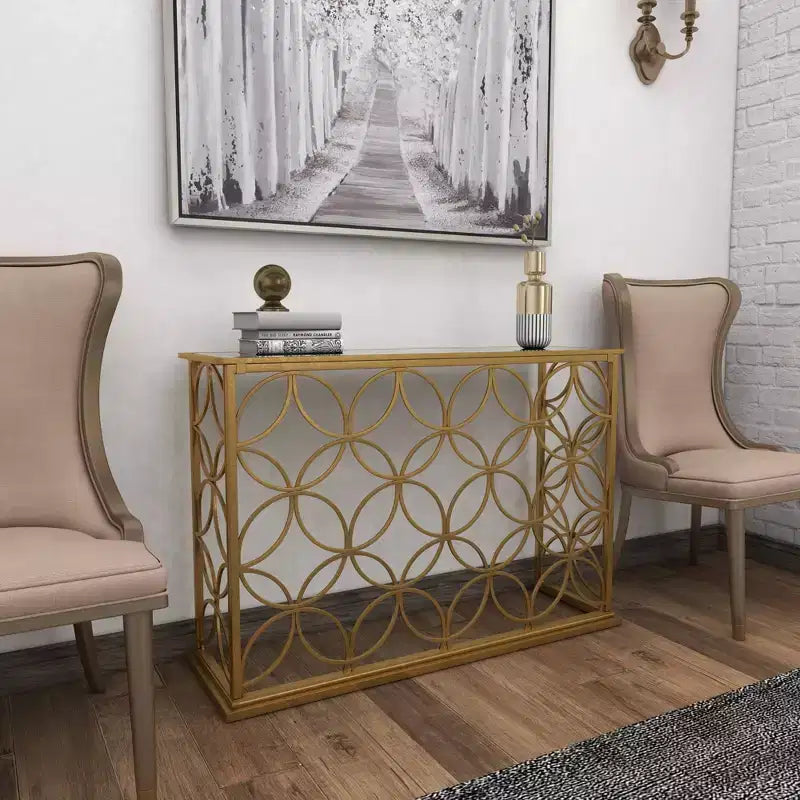 Rectangular Traditional Metal Console Table Gold Mirrored Top