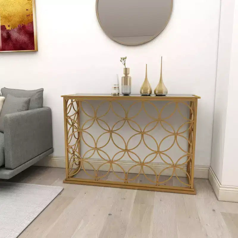 Rectangular Traditional Metal Console Table Gold Mirrored Top