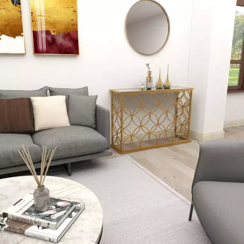 Rectangular Traditional Metal Console Table Gold Mirrored Top