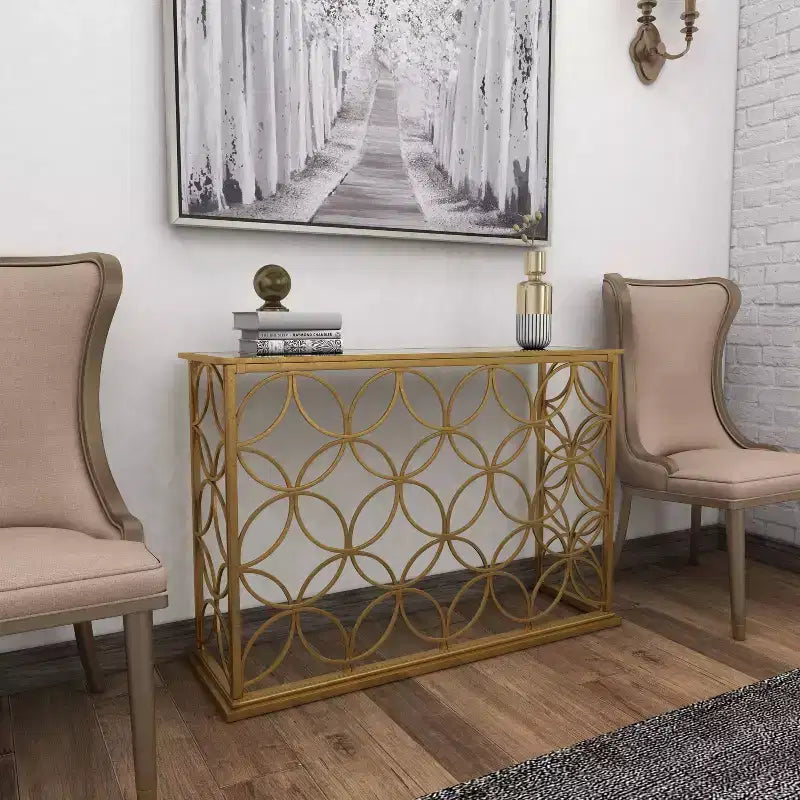 Rectangular Traditional Metal Console Table Gold Mirrored Top