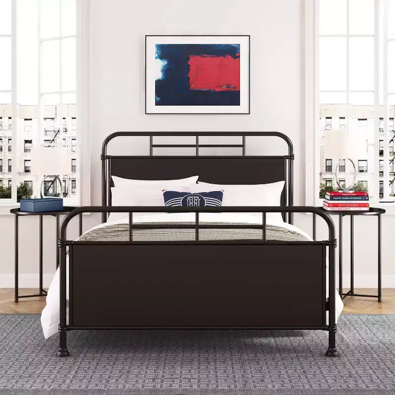 Industrial Metal Bed Matte Black Curved Headboard Queen/King