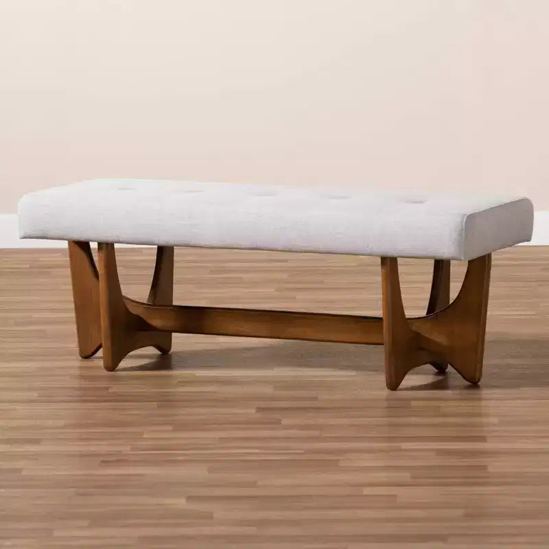 Upholstered Tufted Bench Gray Polyester Walnut Base Seats 2
