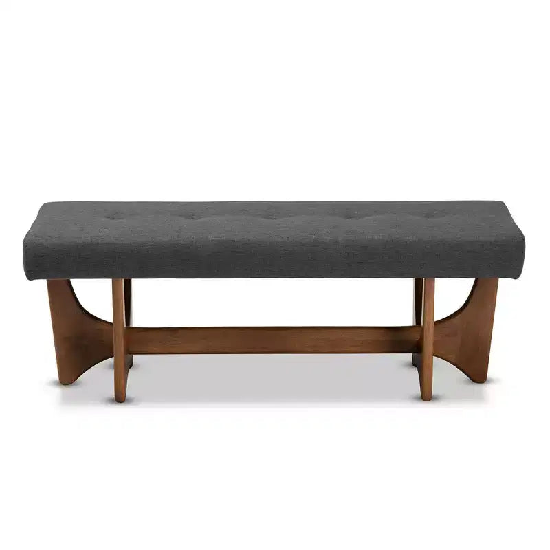 Upholstered Tufted Bench Gray Polyester Walnut Base Seats 2