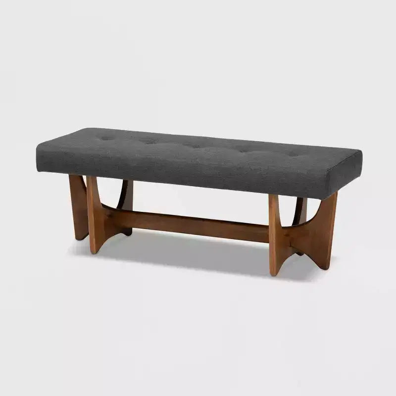Upholstered Tufted Bench Gray Polyester Walnut Base Seats 2