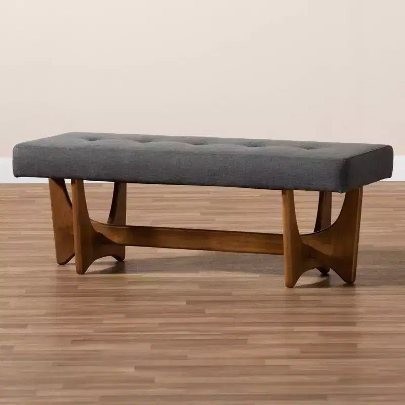 Upholstered Tufted Bench Gray Polyester Walnut Base Seats 2