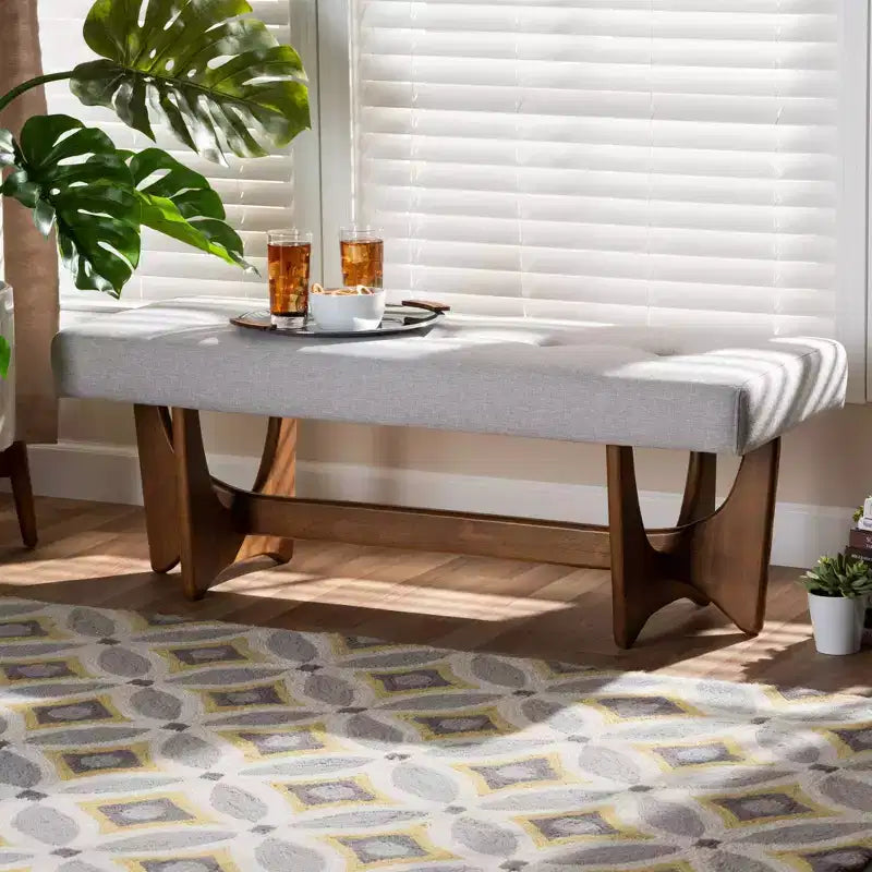 Upholstered Tufted Bench Gray Polyester Walnut Base Seats 2