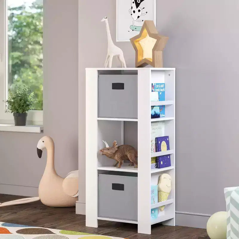 Kids Bookshelf and Toy Organizer Tower 3 Cubbies 6 Bookracks White with 2 Fabric Bins