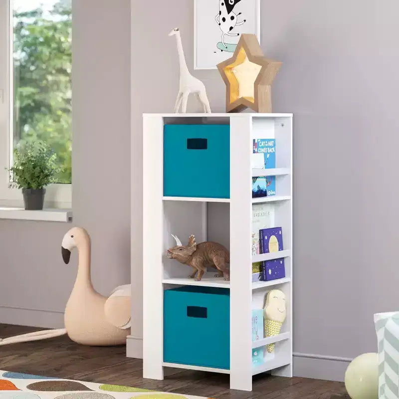 Kids Bookshelf and Toy Organizer Tower 3 Cubbies 6 Bookracks White with 2 Fabric Bins