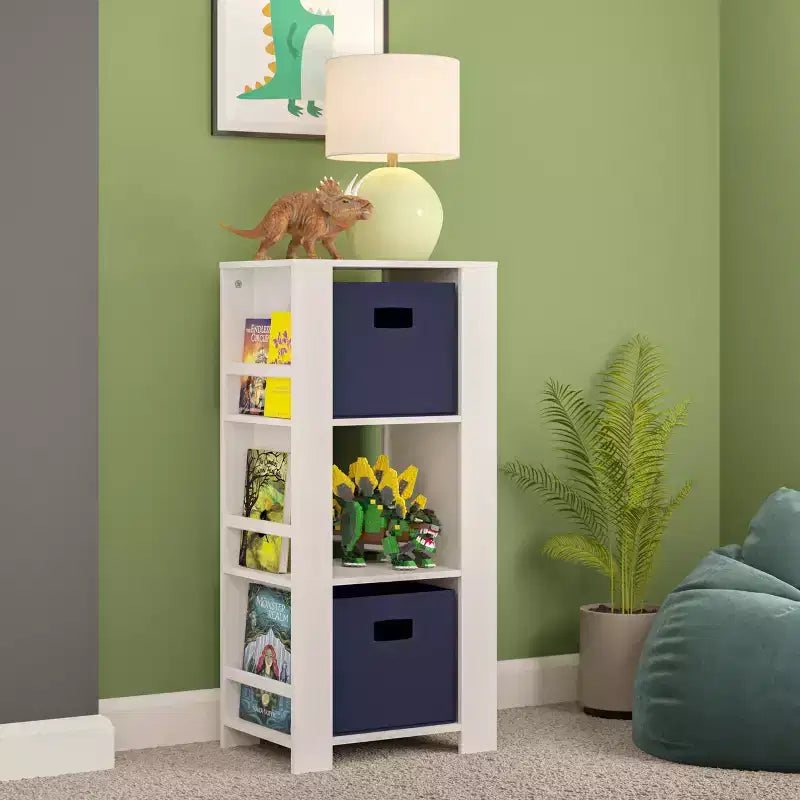Kids Bookshelf and Toy Organizer Tower 3 Cubbies 6 Bookracks White with 2 Fabric Bins