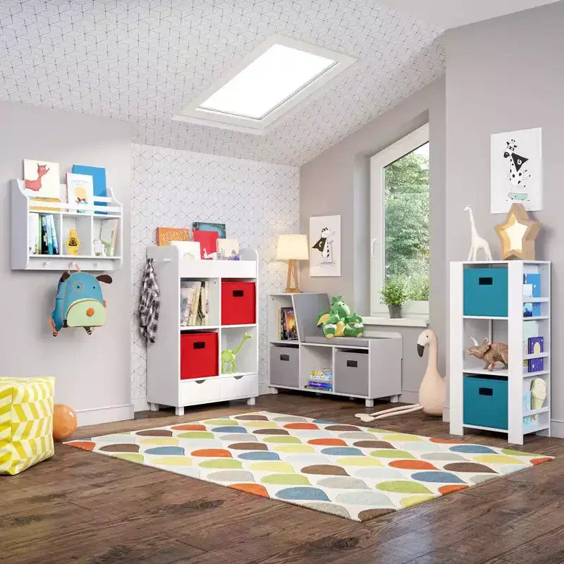 Kids Bookshelf and Toy Organizer Tower 3 Cubbies 6 Bookracks White with 2 Fabric Bins