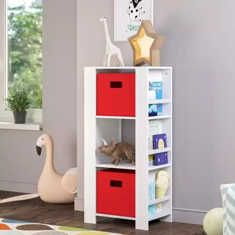 Kids Bookshelf and Toy Organizer Tower 3 Cubbies 6 Bookracks White with 2 Fabric Bins
