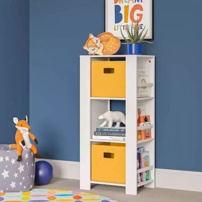 Kids Bookshelf and Toy Organizer Tower 3 Cubbies 6 Bookracks White with 2 Fabric Bins