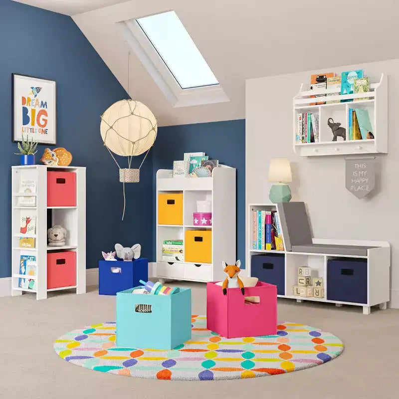 Kids Bookshelf and Toy Organizer Tower 3 Cubbies 6 Bookracks White with 2 Fabric Bins