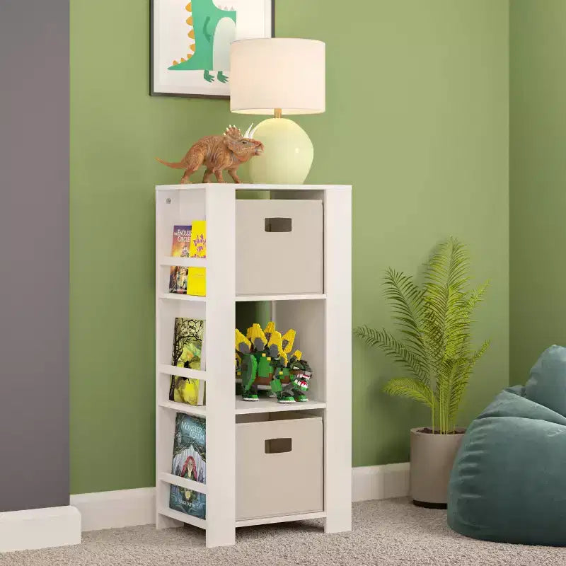 Kids Bookshelf and Toy Organizer Tower 3 Cubbies 6 Bookracks White with 2 Fabric Bins