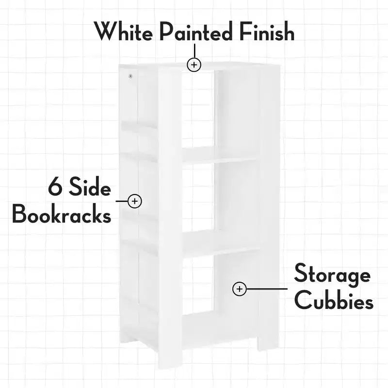 Kids Bookshelf and Toy Organizer Tower 3 Cubbies 6 Bookracks White with 2 Fabric Bins