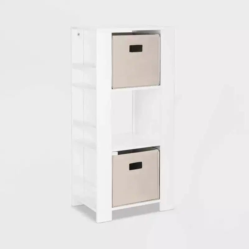 Kids Bookshelf and Toy Organizer Tower 3 Cubbies 6 Bookracks White with 2 Fabric Bins