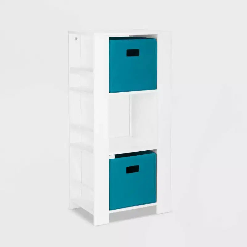 Kids Bookshelf and Toy Organizer Tower 3 Cubbies 6 Bookracks White with 2 Fabric Bins