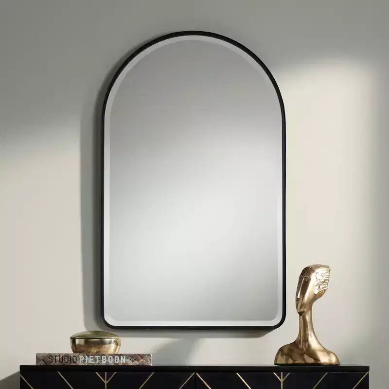Arch Top Vanity Wall Mirror Matte Black Metal Frame 24" Wide