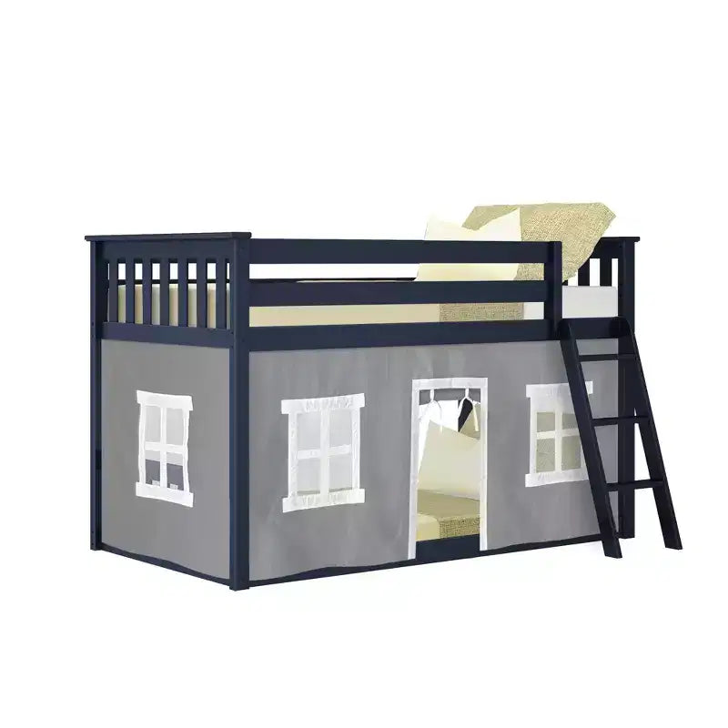 Twin over Twin Low Bunk Bed with Play Curtains