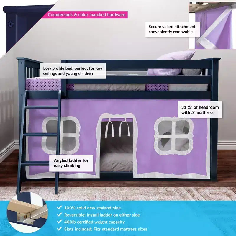 Twin over Twin Low Bunk Bed with Play Curtains