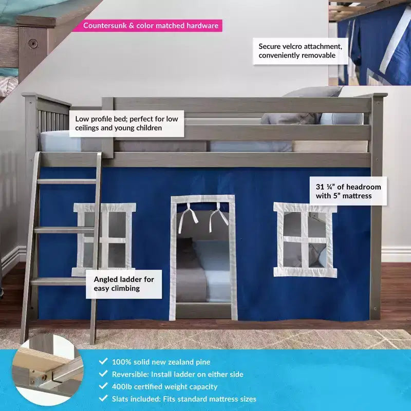 Twin over Twin Low Bunk Bed with Play Curtains