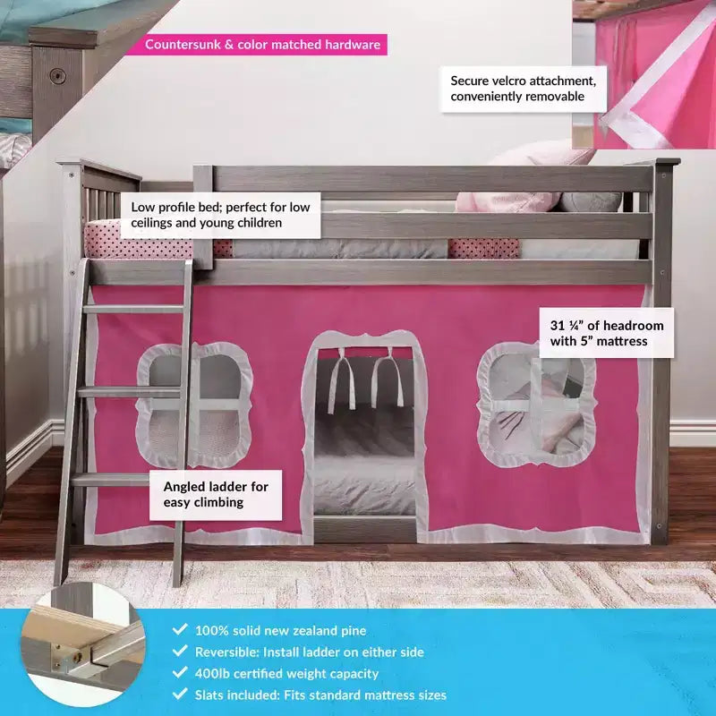 Twin over Twin Low Bunk Bed with Play Curtains