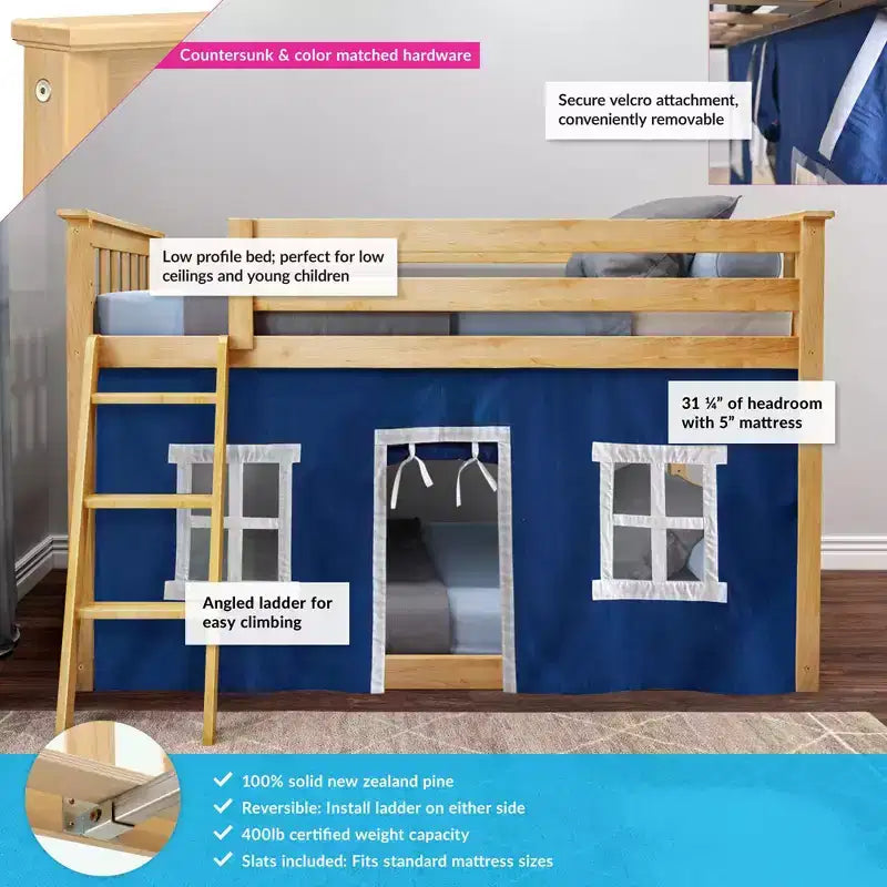 Twin over Twin Low Bunk Bed with Play Curtains