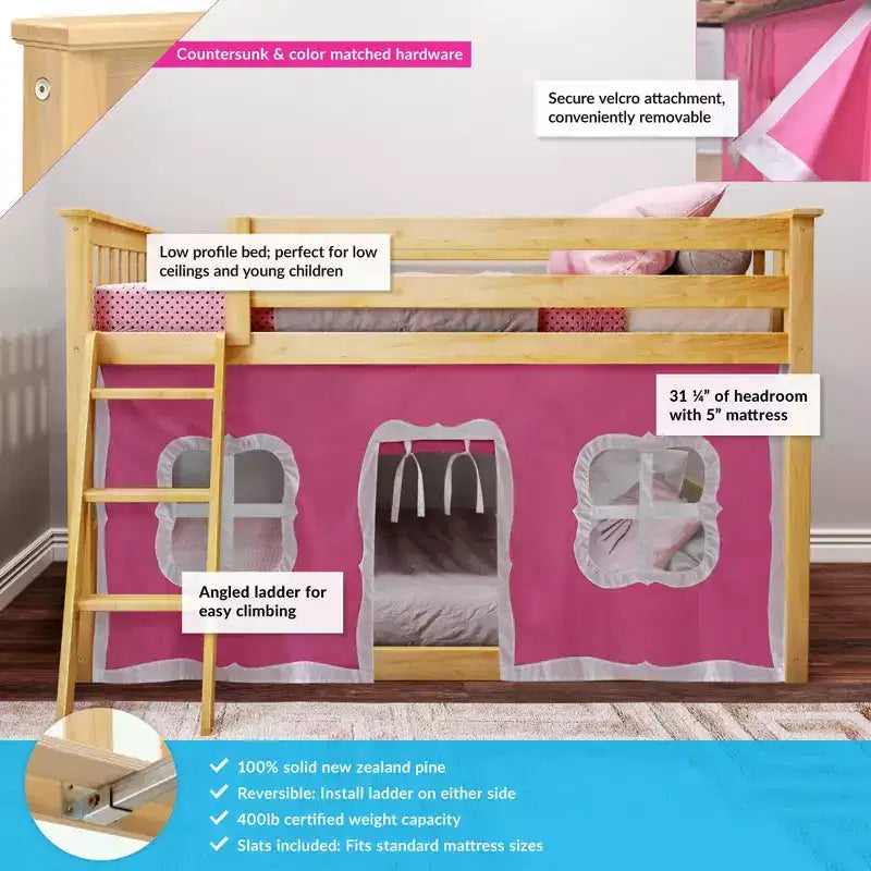 Twin over Twin Low Bunk Bed with Play Curtains