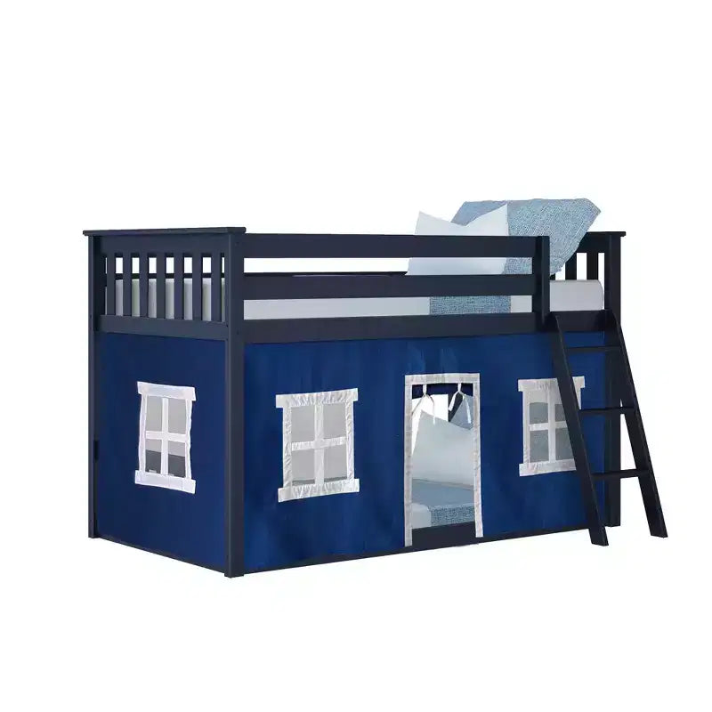 Twin over Twin Low Bunk Bed with Play Curtains