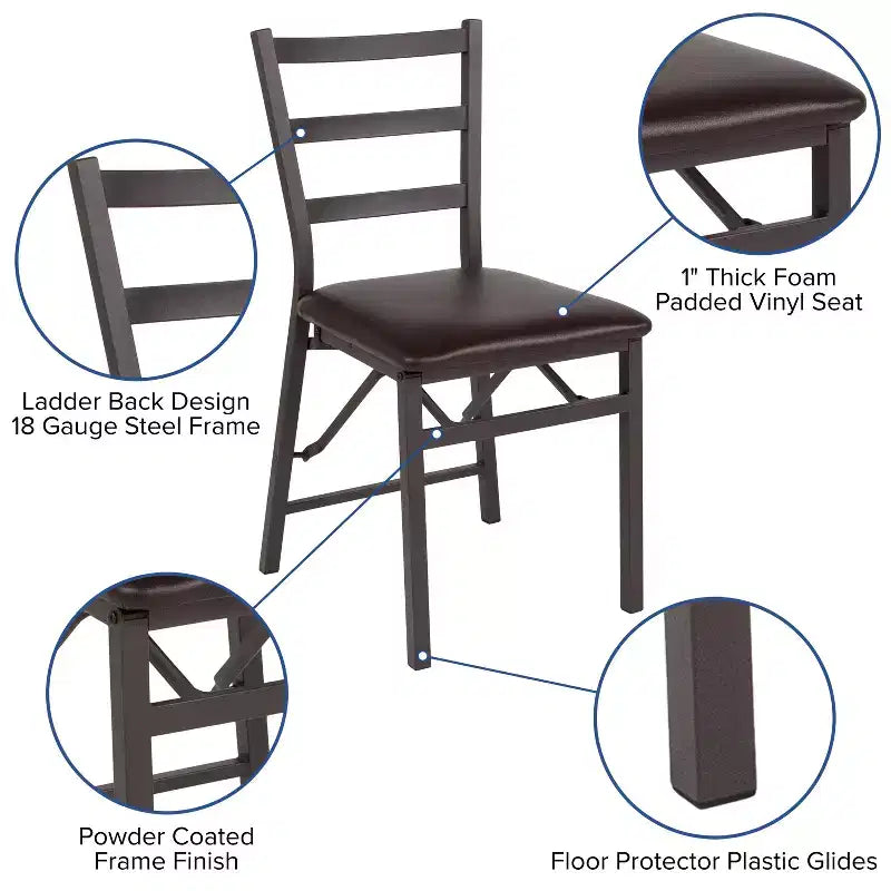 2-Pack Ladder Back Metal Folding Chair Brown Vinyl Seat