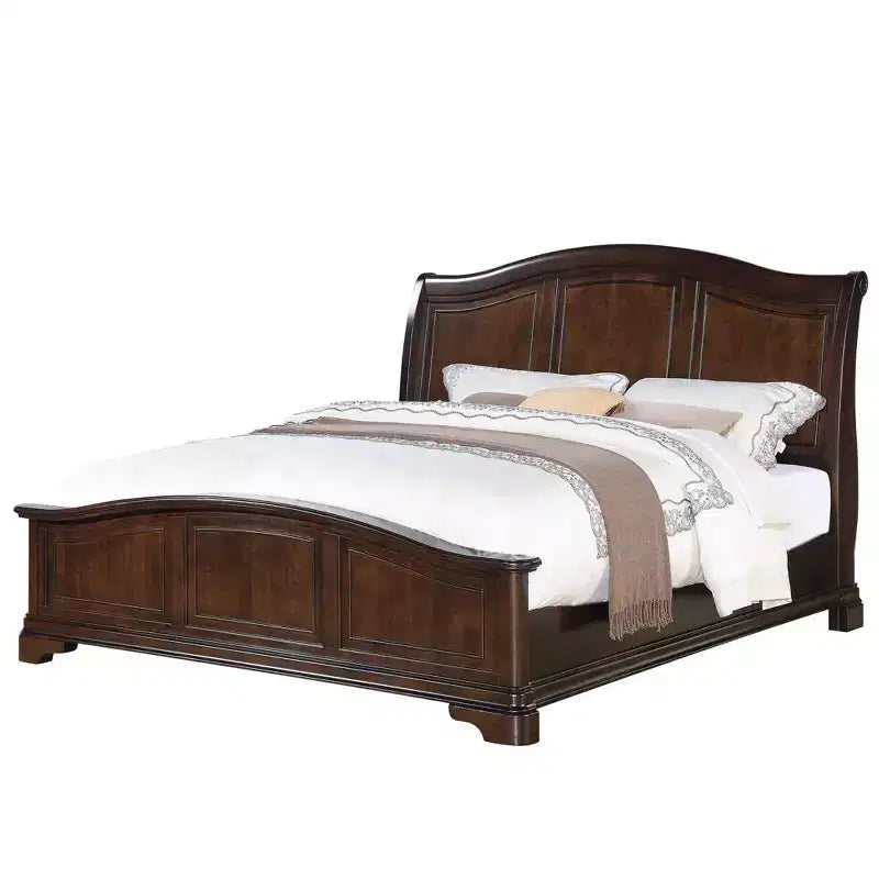 Panel Bed Cherry Curved Headboard Glossy Wood