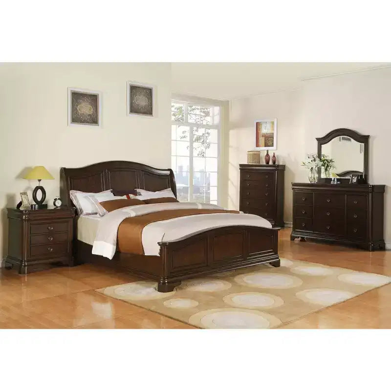 Panel Bed Cherry Curved Headboard Glossy Wood