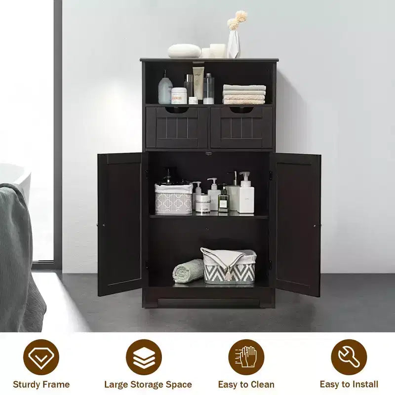 Bathroom Floor Cabinet Wooden Storage Organizer with Drawer and Doors