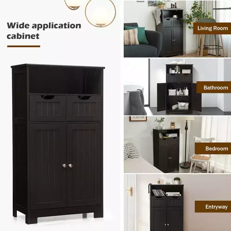 Bathroom Floor Cabinet Wooden Storage Organizer with Drawer and Doors