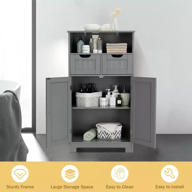 Bathroom Floor Cabinet Wooden Storage Organizer with Drawer and Doors