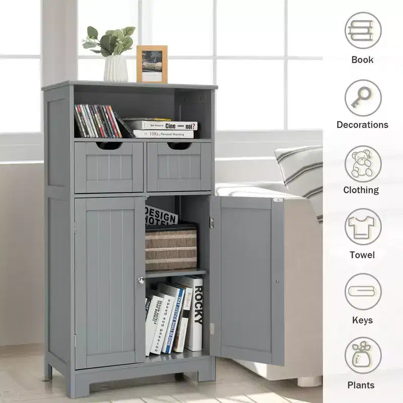 Bathroom Floor Cabinet Wooden Storage Organizer with Drawer and Doors
