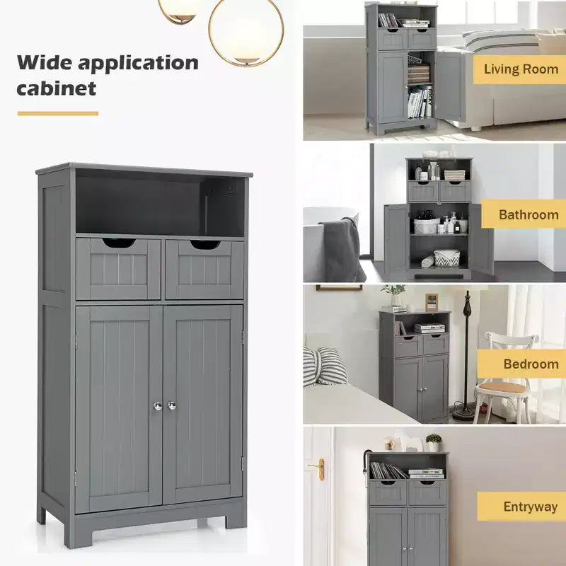 Bathroom Floor Cabinet Wooden Storage Organizer with Drawer and Doors