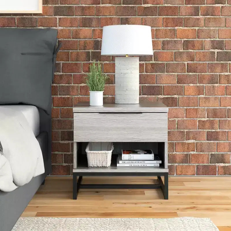 Modern Drawer Storage Nightstand Black MDF Metal Frame