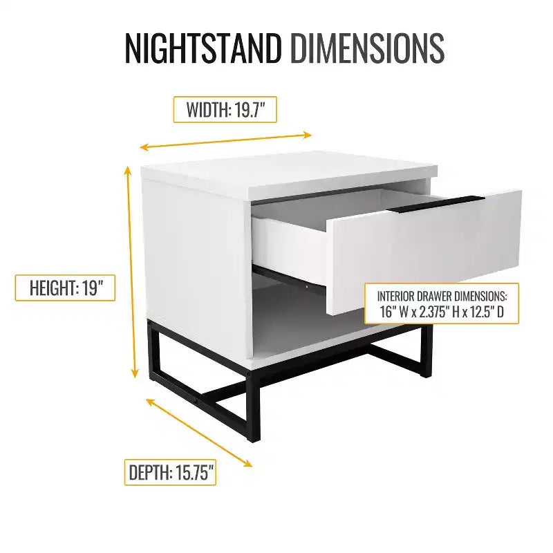 Modern Drawer Storage Nightstand Black MDF Metal Frame